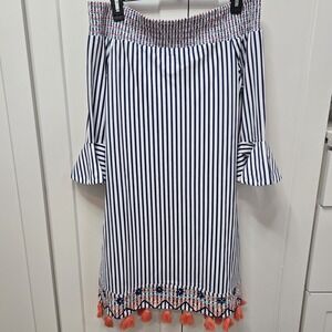 Cabana Life St Barts Coverluxe Dress NWT Small Navy Stripe Off Shoulder Tassel